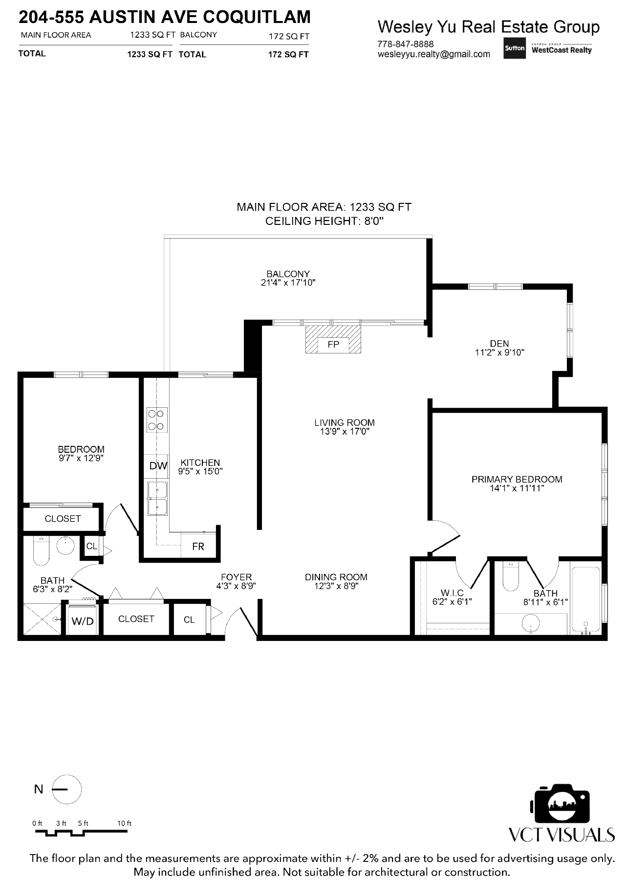 Floor plan of 204–555 Austin Avenue: 1,233 square feet, two separated bedrooms, two bathrooms, a den and 172-square-foot balcony